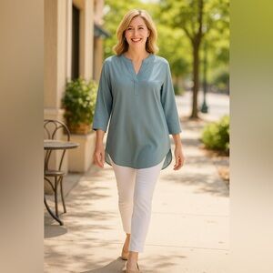 Boho-Chic Chico's Split Neck Teal Tunic Top 3/4 sleeve. Office to Happy Hour